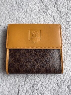 VTG Celine Macadam Triomphe Compact Wallet TwoTone CoatedCanvas CalfskinLeather